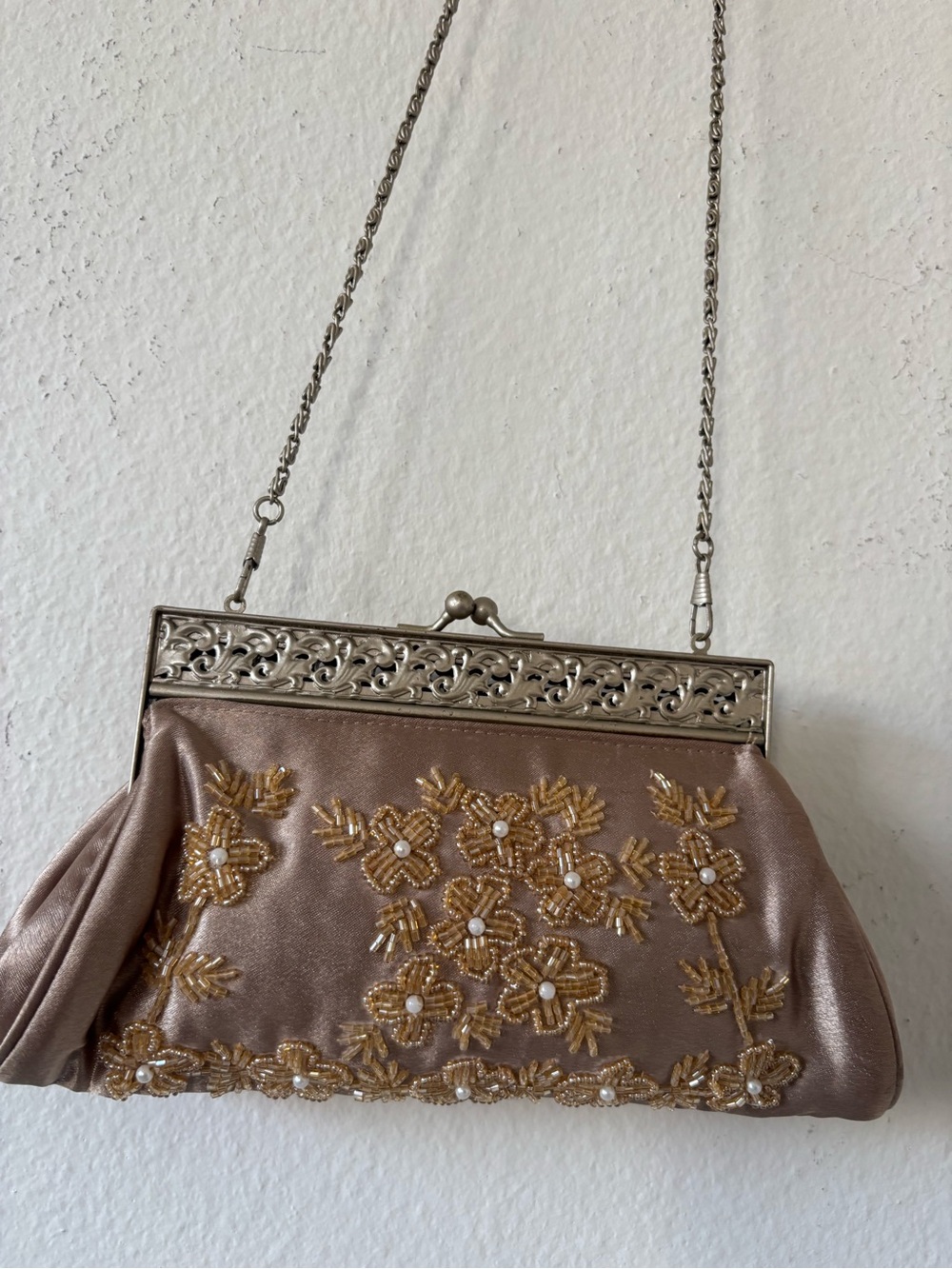 Gold & brown Romantic  beaded floral clutch with pearl accents